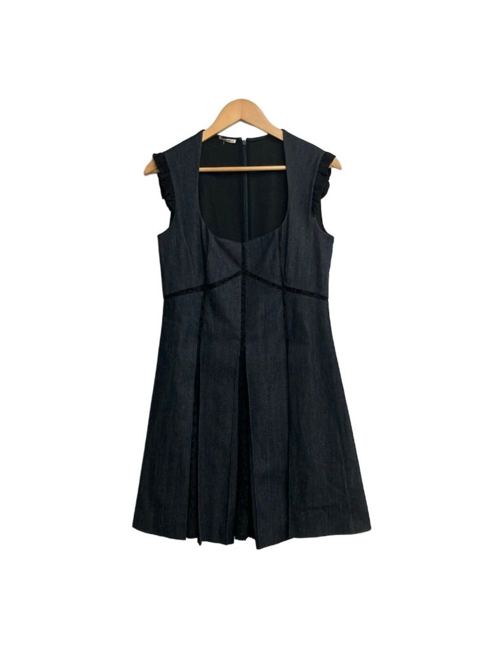 Miu Miu Dress M Dark Navy Black Sleeveless Long Denim Ruffle Lace 42